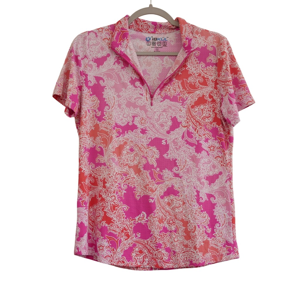 IBKUL Women's Size M Quarter Zip Sun Shirt Pink Paisley UPF 50 Activewear Sporty